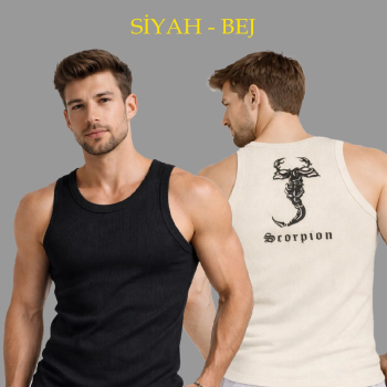 Erkek Spor Slimfit Fitilli Kaşkorse Arka Basklı Atlet 2'li Set Siyah-Bej