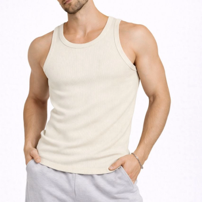 Erkek Spor Slimfit Fitilli Kaşkorse Arka Basklı Atlet 2'li Set Siyah-Bej