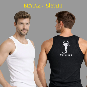 Erkek Spor Slimfit Fitilli Kaşkorse Arka Basklı Atlet 2'li Set Siyah-Beyaz