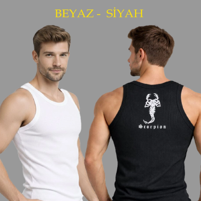 Erkek Spor Slimfit Fitilli Kaşkorse Arka Basklı Atlet 2'li Set Siyah-Beyaz
