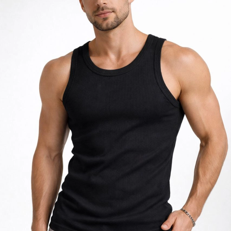 Erkek Spor Slimfit Fitilli Kaşkorse Arka Basklı Atlet 2'li Set Siyah-Beyaz