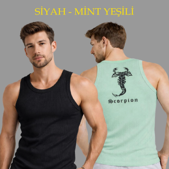 Erkek Spor Slimfit Fitilli Kaşkorse Arka Basklı Atlet 2'li Set Siyah-Mint Yeşili