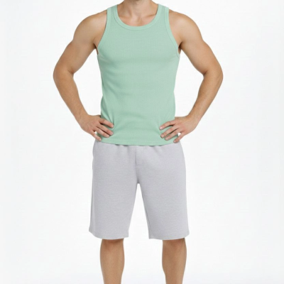 Erkek Spor Slimfit Fitilli Kaşkorse Arka Basklı Atlet 2'li Set Siyah-Mint Yeşili