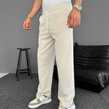 Erkek Su Yolu Çizgili Cepli Pantalon  - Bej