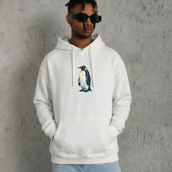 Erkek Survivor Penguin Baskılı 3 İplik Pamuklu Kapüşonlu Sweatshirt Hoodie Beyaz