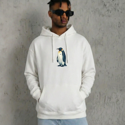 Erkek Survivor Penguin Baskılı 3 İplik Pamuklu Kapüşonlu Sweatshirt Hoodie Beyaz