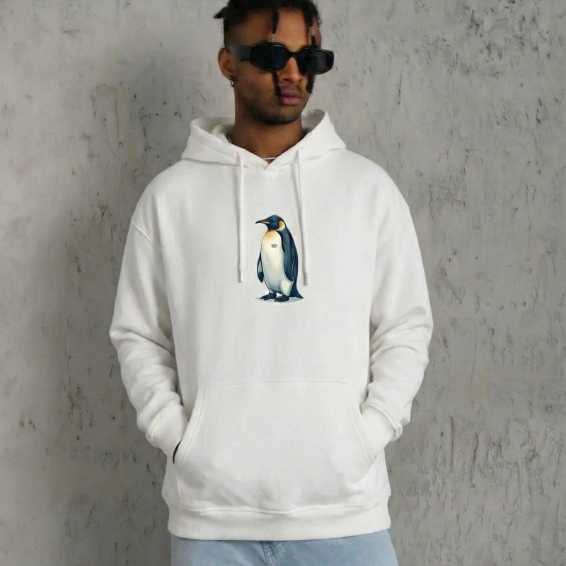 Erkek Survivor Penguin Baskılı 3 İplik Pamuklu Kapüşonlu Sweatshirt Hoodie Beyaz
