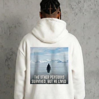 Erkek Survivor Penguin Baskılı 3 İplik Pamuklu Kapüşonlu Sweatshirt Hoodie Beyaz