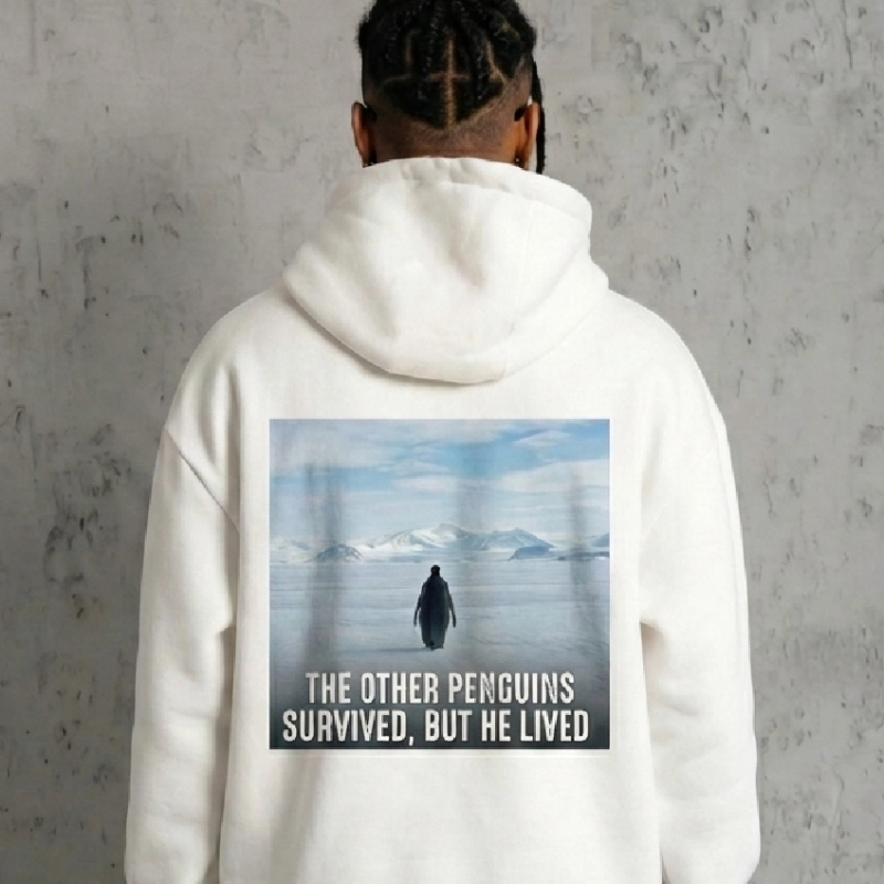 Erkek Survivor Penguin Baskılı 3 İplik Pamuklu Kapüşonlu Sweatshirt Hoodie Beyaz