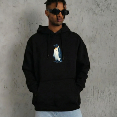 Erkek Survivor Penguin Baskılı 3 İplik Pamuklu Kapüşonlu Sweatshirt Hoodie Siyah