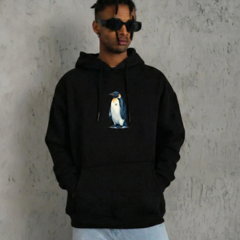 Erkek Survivor Penguin Baskılı 3 İplik Pamuklu Kapüşonlu Sweatshirt Hoodie Siyah