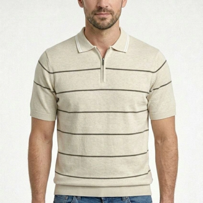 Erkek T-shirt Çizgili Kısa kol Triko Kumaş Polo Yaka Yarım Fermuarlı Tişört - Bej