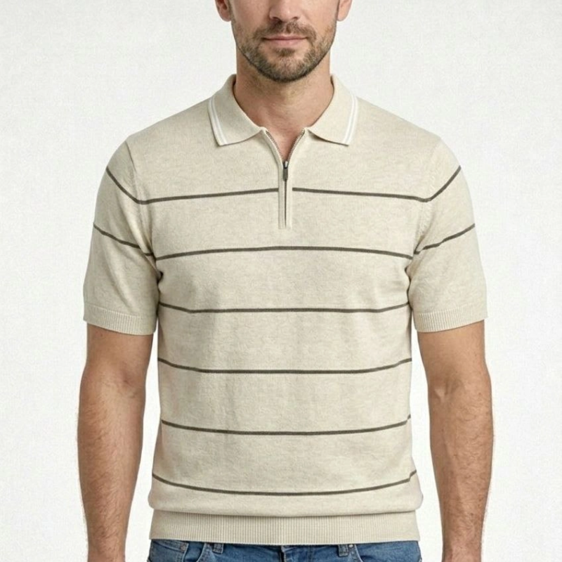 Erkek T-shirt Çizgili Kısa kol Triko Kumaş Polo Yaka Yarım Fermuarlı Tişört - Bej