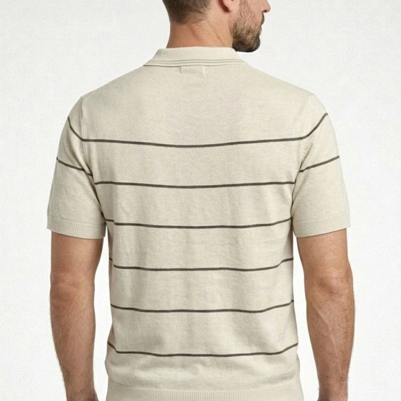 Erkek T-shirt Çizgili Kısa kol Triko Kumaş Polo Yaka Yarım Fermuarlı Tişört - Bej