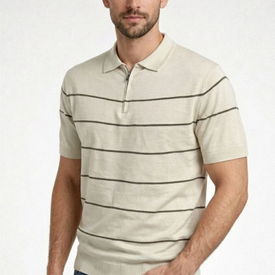 Erkek T-shirt Çizgili Kısa kol Triko Kumaş Polo Yaka Yarım Fermuarlı Tişört - Bej