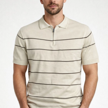 Erkek T-shirt Çizgili Kısa kol Triko Kumaş Polo Yaka Yarım Fermuarlı Tişört - Bej