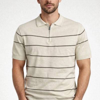 Erkek T-shirt Çizgili Kısa kol Triko Kumaş Polo Yaka Yarım Fermuarlı Tişört - Bej