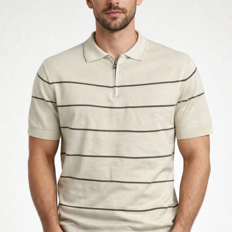 Erkek T-shirt Çizgili Kısa kol Triko Kumaş Polo Yaka Yarım Fermuarlı Tişört - Bej