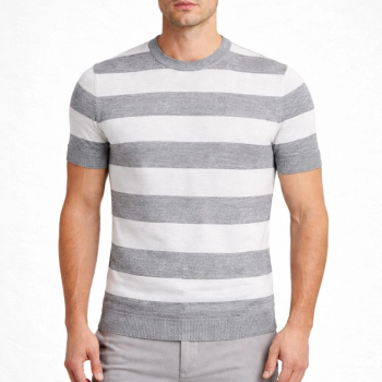Erkek T-shirt Çizgili Kısa Kol Yazlık Triko Dokuma Bisiklet Yaka Tişört - Gri