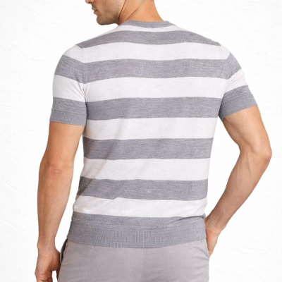 Erkek T-shirt Çizgili Kısa Kol Yazlık Triko Dokuma Bisiklet Yaka Tişört - Gri