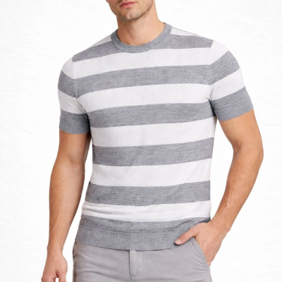 Erkek T-shirt Çizgili Kısa Kol Yazlık Triko Dokuma Bisiklet Yaka Tişört - Gri