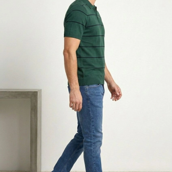 Erkek T-shirt Çizgili Triko Dokuma Kumaş Polo Yaka Kısa Kol Fermuarlı Tişört - Çağla Yeşili