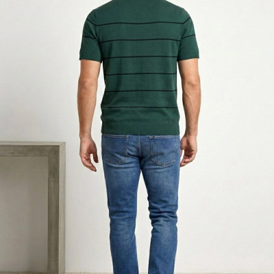Erkek T-shirt Çizgili Triko Dokuma Kumaş Polo Yaka Kısa Kol Fermuarlı Tişört - Çağla Yeşili