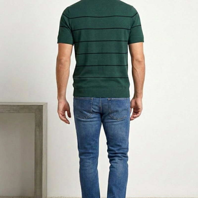 Erkek T-shirt Çizgili Triko Dokuma Kumaş Polo Yaka Kısa Kol Fermuarlı Tişört - Çağla Yeşili