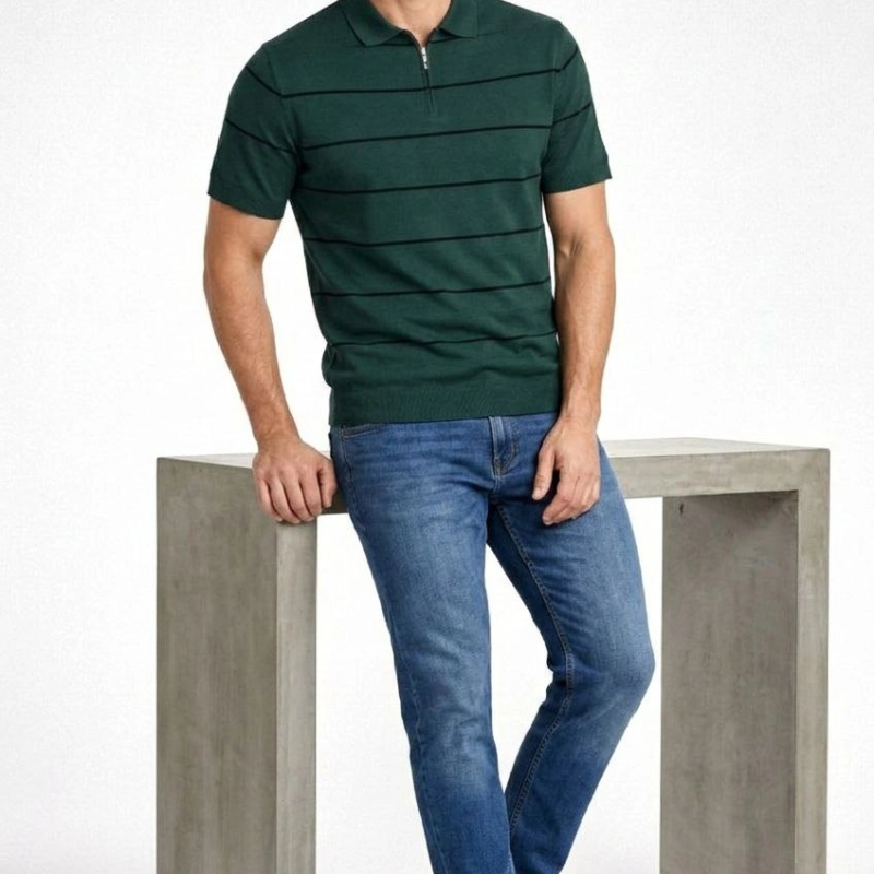 Erkek T-shirt Çizgili Triko Dokuma Kumaş Polo Yaka Kısa Kol Fermuarlı Tişört - Çağla Yeşili