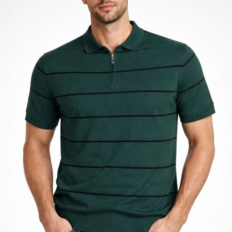 Erkek T-shirt Çizgili Triko Dokuma Kumaş Polo Yaka Kısa Kol Fermuarlı Tişört - Çağla Yeşili