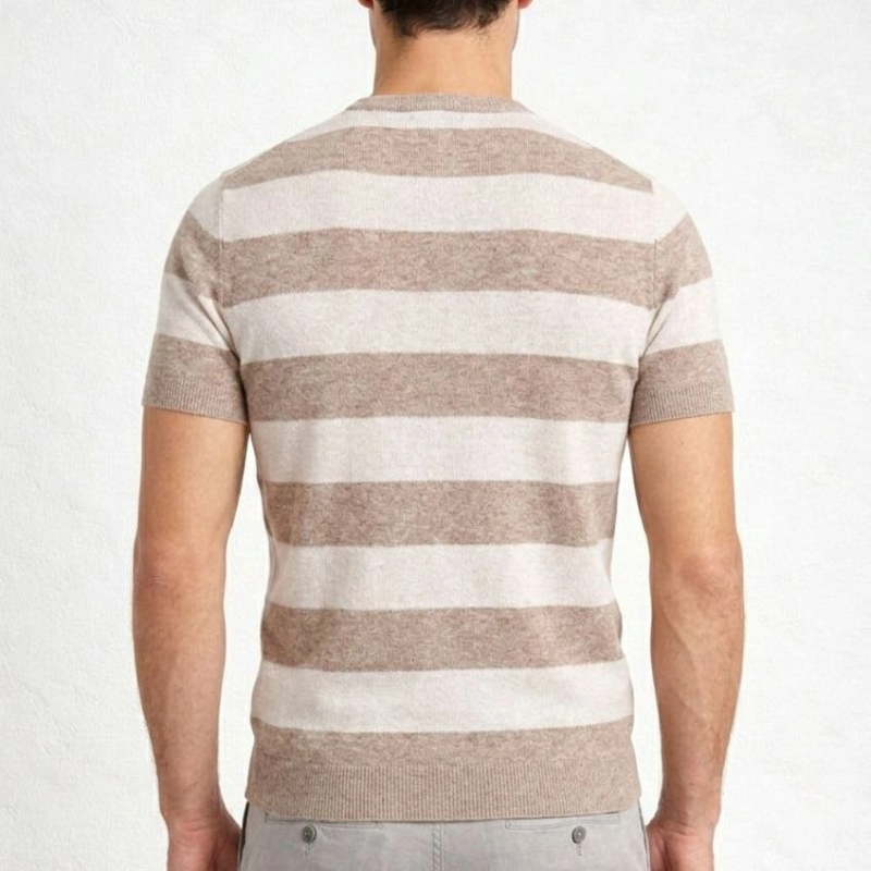 Erkek T-shirt Çizgili Triko  Kısa Kol Yazlık Dokuma Bisiklet Yaka Tişört - Bej