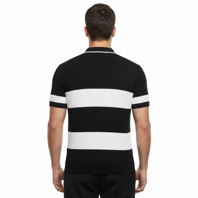 Erkek T-shirt Çizgili Triko Kumaş Polo Yaka Yarım Fermuarlı Kısa Kol Tişört - Siyah