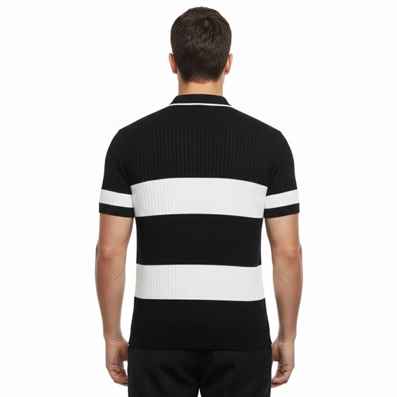 Erkek T-shirt Çizgili Triko Kumaş Polo Yaka Yarım Fermuarlı Kısa Kol Tişört - Siyah