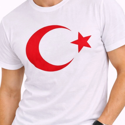 Erkek T-Shirt Kısa Kol Bisiklet Yaka Ay Yıldız Bayrak Baskılı Tişört - Beyaz