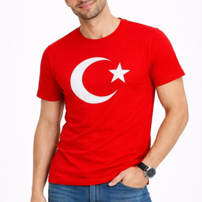 Erkek T-Shirt Kısa Kol Bisiklet Yaka Ay Yıldız Bayrak Baskılı Tişört - Kırmızı