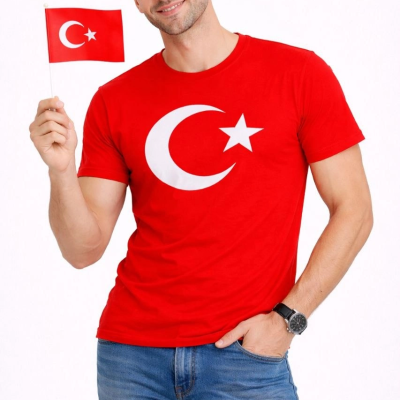 Erkek T-Shirt Kısa Kol Bisiklet Yaka Ay Yıldız Bayrak Baskılı Tişört - Kırmızı