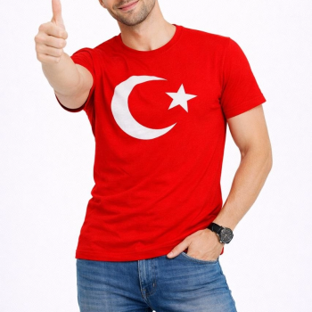 Erkek T-Shirt Kısa Kol Bisiklet Yaka Ay Yıldız Bayrak Baskılı Tişört - Kırmızı