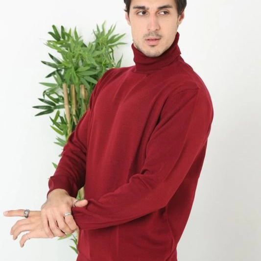 Erkek Tam Boğazlı Balıkçı Yaka Kazak Uzun Kol Düz Dokuma Triko - Bordo
