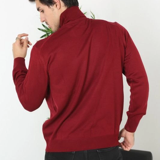 Erkek Tam Boğazlı Balıkçı Yaka Kazak Uzun Kol Düz Dokuma Triko - Bordo