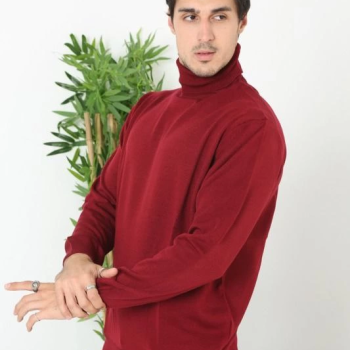 Erkek Tam Boğazlı Balıkçı Yaka Kazak Uzun Kol Düz Dokuma Triko - Bordo