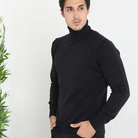 Erkek Tam Boğazlı Balıkçı Yaka Kazak Uzun Kol Düz Dokuma Triko - Siyah