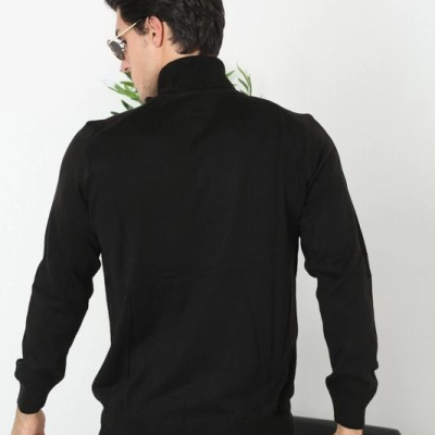 Erkek Tam Boğazlı Balıkçı Yaka Kazak Uzun Kol Düz Dokuma Triko - Siyah