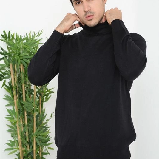 Erkek Tam Boğazlı Balıkçı Yaka Kazak Uzun Kol Düz Dokuma Triko - Siyah