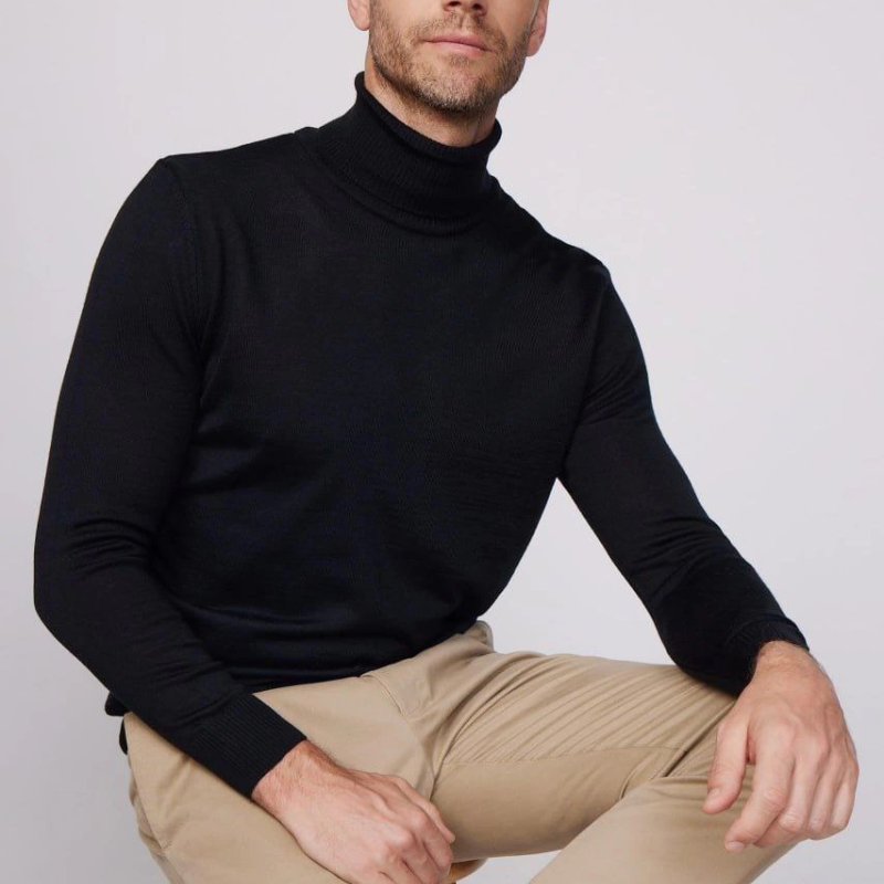 Erkek Tam Boğazlı Balıkçı Yaka Kazak Uzun Kol Düz Dokuma Triko - Siyah