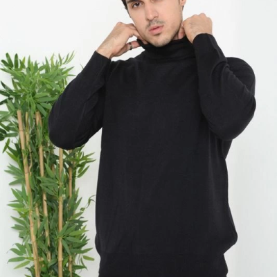 Erkek Tam Boğazlı Balıkçı Yaka Kazak Uzun Kol Düz Dokuma Triko - Siyah