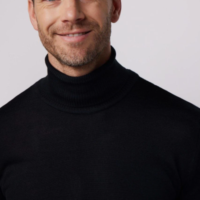 Erkek Tam Boğazlı Balıkçı Yaka Kazak Uzun Kol Düz Dokuma Triko - Siyah