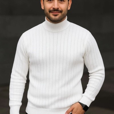 Erkek Tam Boğazlı Balıkçı Yaka Triko Kazak Kalın Fitilli - Beyaz