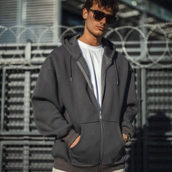 Erkek Tam Fermuarlı Cepli Kapüşonlu 3 iplik pamuklu hoodie Sweatshirt - Füme