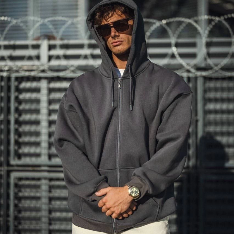 Erkek Tam Fermuarlı Cepli Kapüşonlu 3 iplik pamuklu hoodie Sweatshirt - Füme