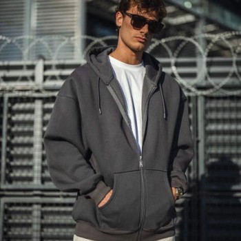 Erkek Tam Fermuarlı Cepli Kapüşonlu 3 iplik pamuklu hoodie Sweatshirt - Füme